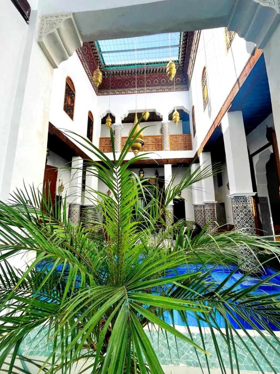 Looking down into the planted courtyard of Riad Old City Palace